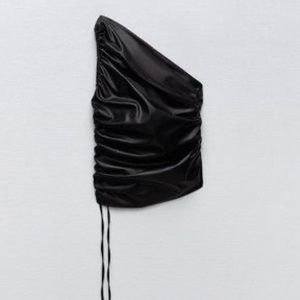 Zara One Shoulder Faux Leather Ruched Black Top M - NWT Out of Production